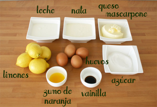 Ingredientes para hacer helado de limón y queso mascarpone