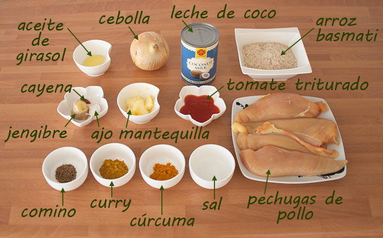 Ingredientes para hacer pollo al curry con arroz basmati