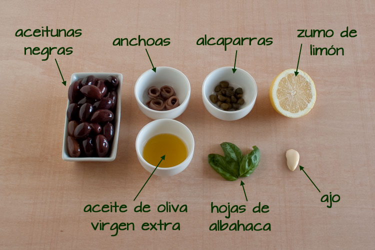 Ingredientes para hacer tapenade de aceitunas