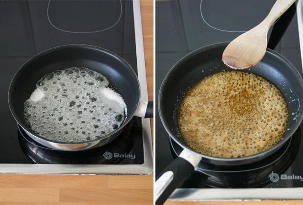 Preparar el caramelo del pudin de pasas y nueces