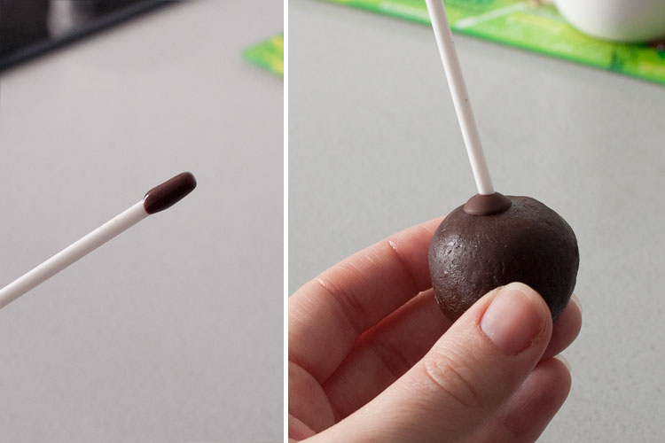 Окуните каждую палочку в шоколад и вставьте в бисквитные шарики.