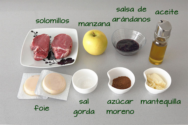 Ingredientes para hacer solomillo con foie, manzana y salsa de arándanos