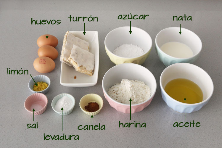 Ingredientes para hacer bizcocho de turrón duro o de Alicante