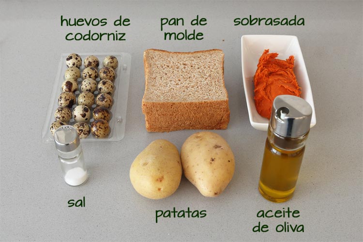 Ingredientes para hacer las tapas de sobrasada, huevo y patatas paja