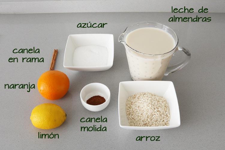 Ingredientes para hacer arroz con leche de almendras