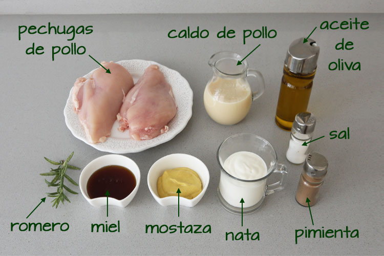 Ingredientes para hacer pechugas de pollo al horno con salsa de miel y mostaza