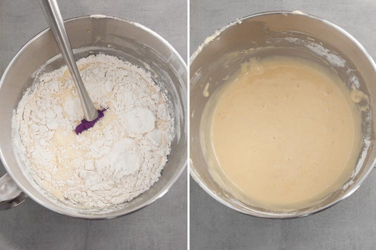 Añadir harina a la masa de magdalenas de leche condensada