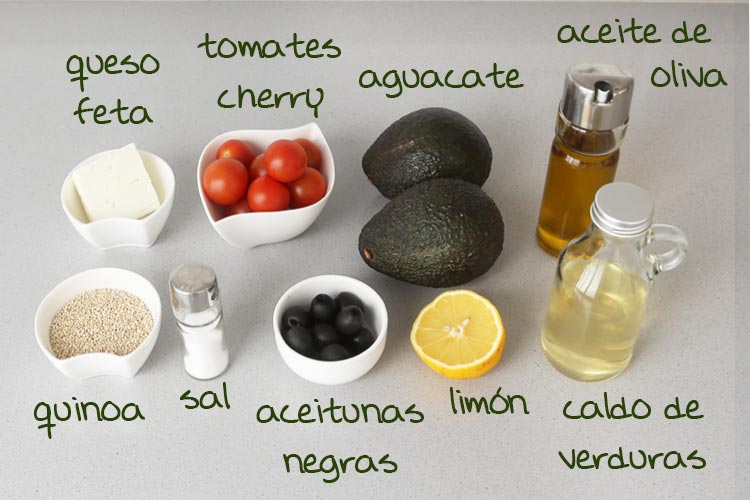 Ingredientes para hacer aguacates rellenos de quinoa