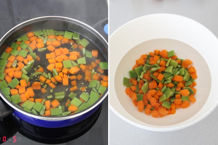 Zanahoria y judías verdes cocidas para el pastel de verduras fácil