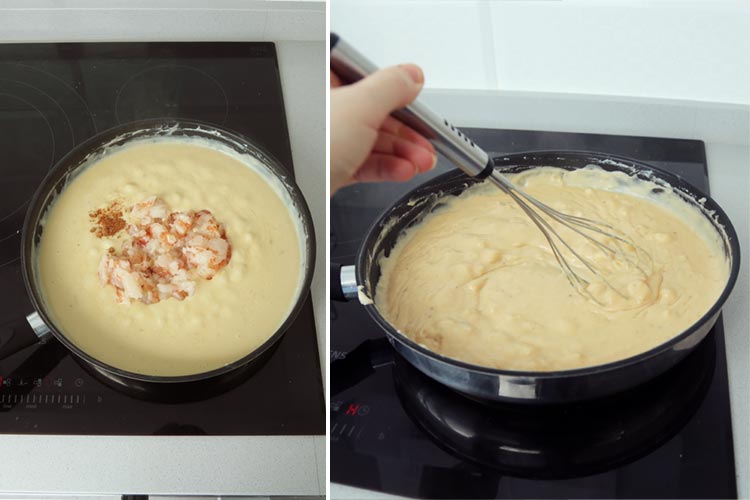 Incorporar los langostinos picados a la bechamel de croquetas