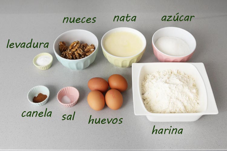 Ingredientes para hacer bizcocho de nata y nueces