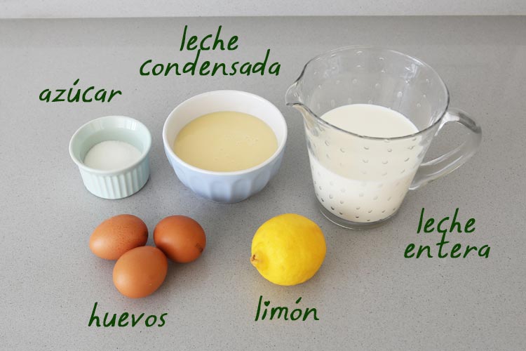 Ingredientes de flan de leche condensada y limón