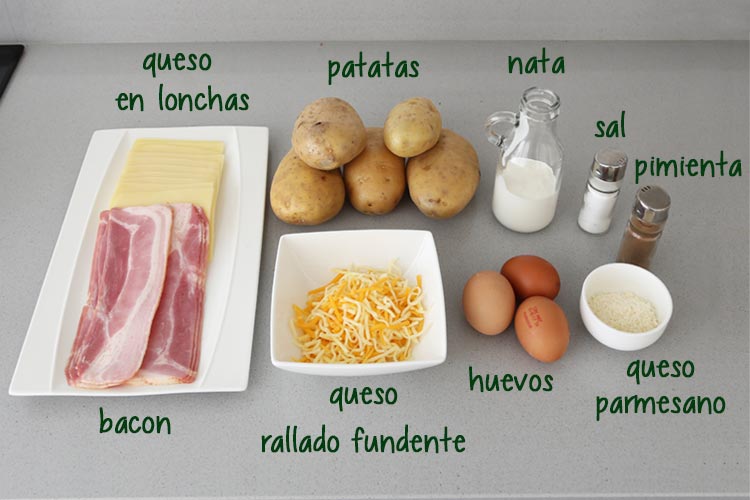 Ingredientes para hacer pastel de patata con bacon y queso