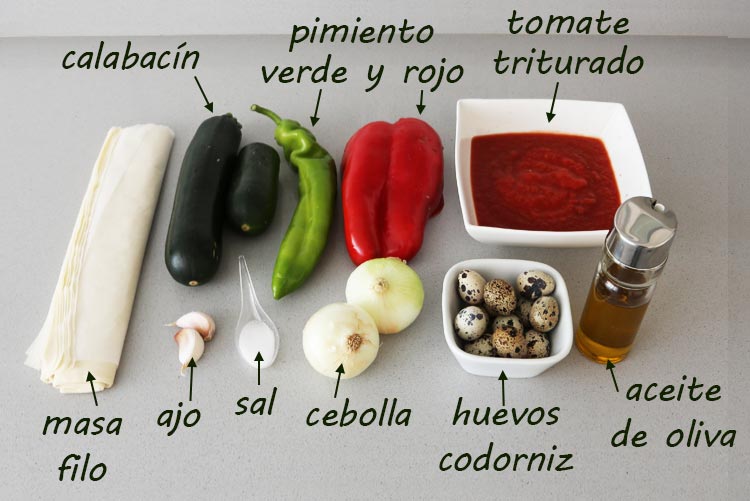 Ingredientes para hacer cestitas de pisto con huevo de codorniz