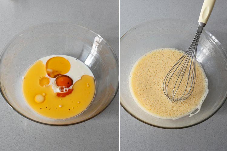 Batir los huevos junto con la leche y el aceite