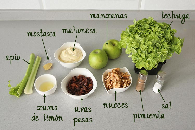 Ingredientes para hacer ensalada Waldorf sobre la encimera de la cocina