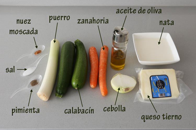 Ingredientes para hacer una quiche de verduras y queso tierno