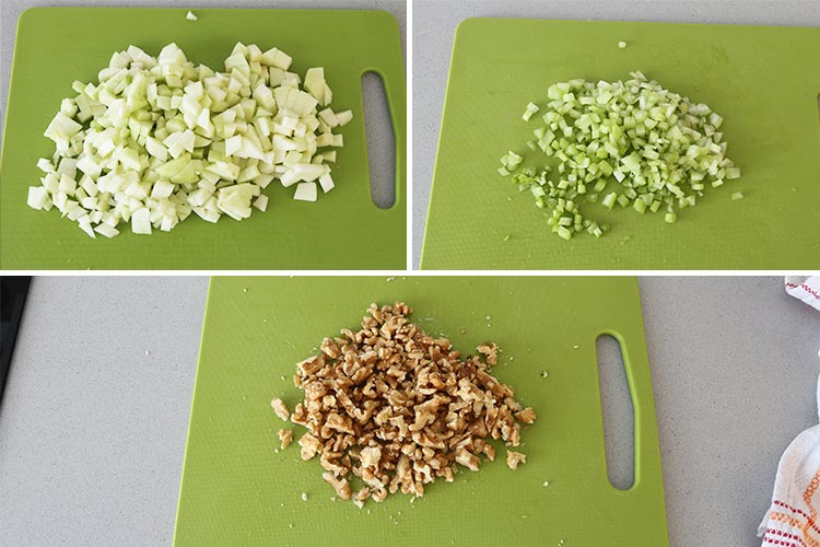 Manzana, apio y nueces: ingredientes de la ensalada Waldorf troceados