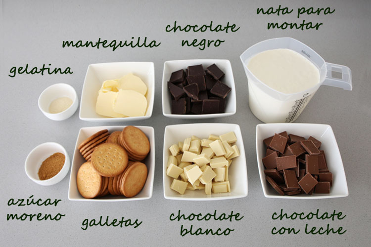 Ingredientes para hacer tarta de tres chocolates