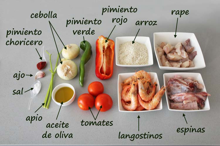 Ingredientes para hacer arroz meloso de rape y langostinos