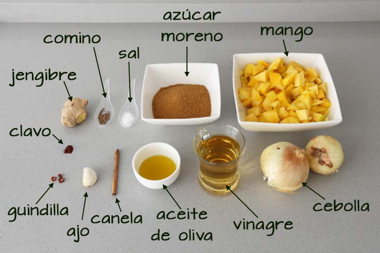 Ingredientes para el chutney de mango