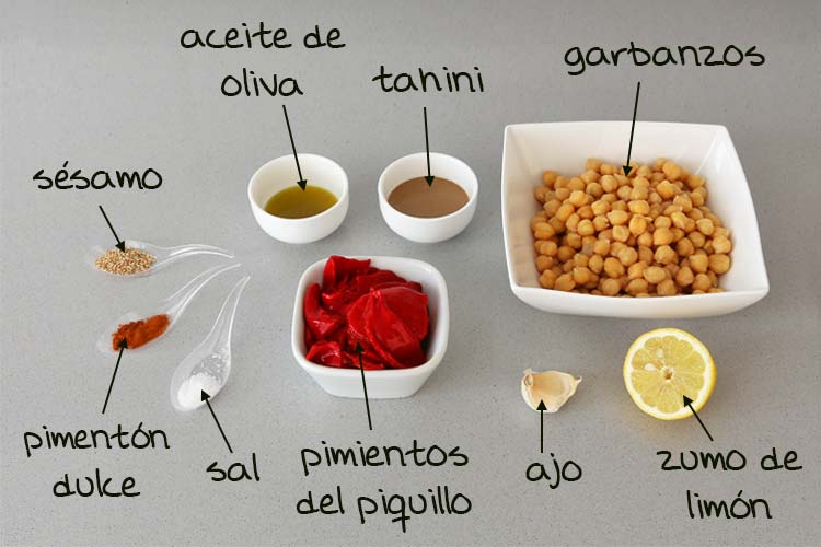 Ingredientes para hacer hummus de pimientos de piquillo