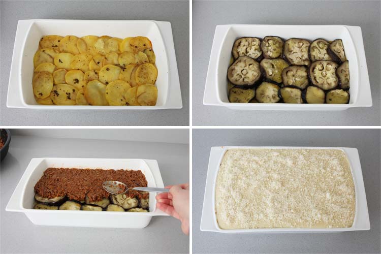 Colocar las patatas, las berenjenas, la carne y la bechamel en forma de capas