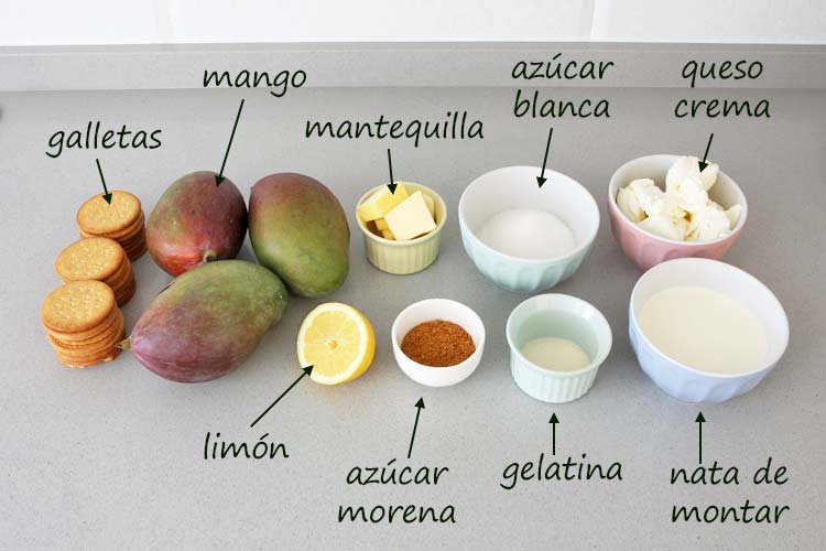 Ingredientes para hacer cheesecake de mango