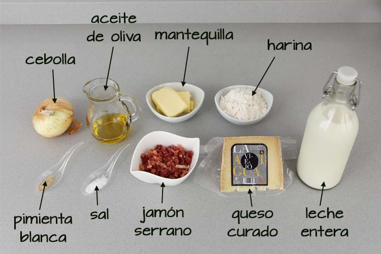 Ingredientes para hacer croquetas de queso curado y jamón