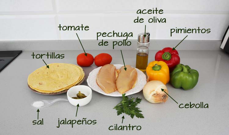 Ingredientes para hacer fajitas de pollo