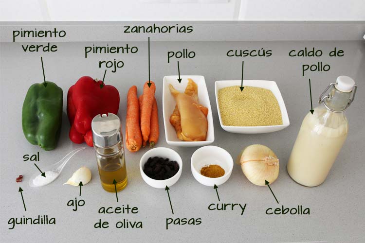 Ingredientes para hacer cuscús con pollo al curry