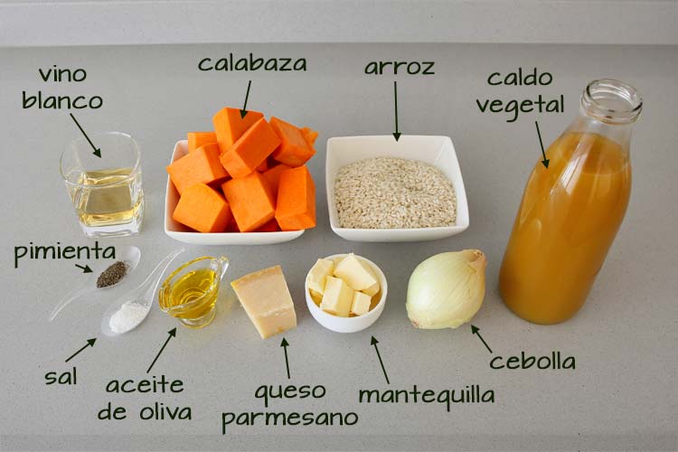 Ingredientes para hacer risotto de calabaza