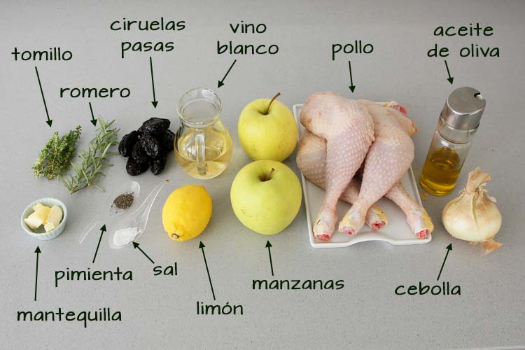 Ingradientes para hacer pollo al horno con manzanas y ciruelas