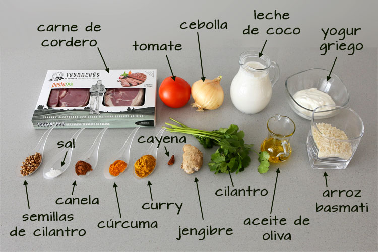 Ingredientes para hacer tournedó con salsa de curry y arroz basmati