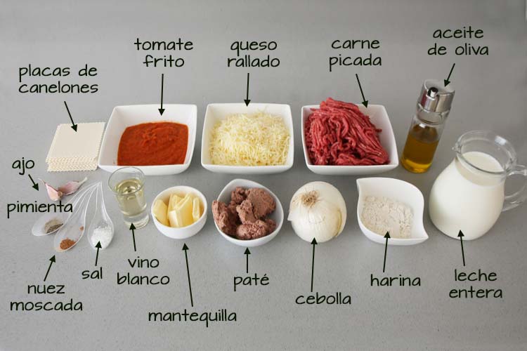 Ingredientes para hacer canelones de carne