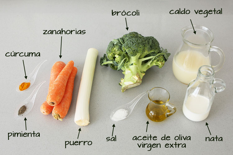 Ingredientes para hacer crema de brocoli y zanahoria