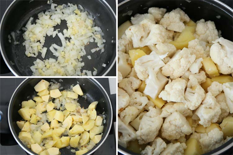 Trocear y sofreír los ingredientes de la crema de coliflor