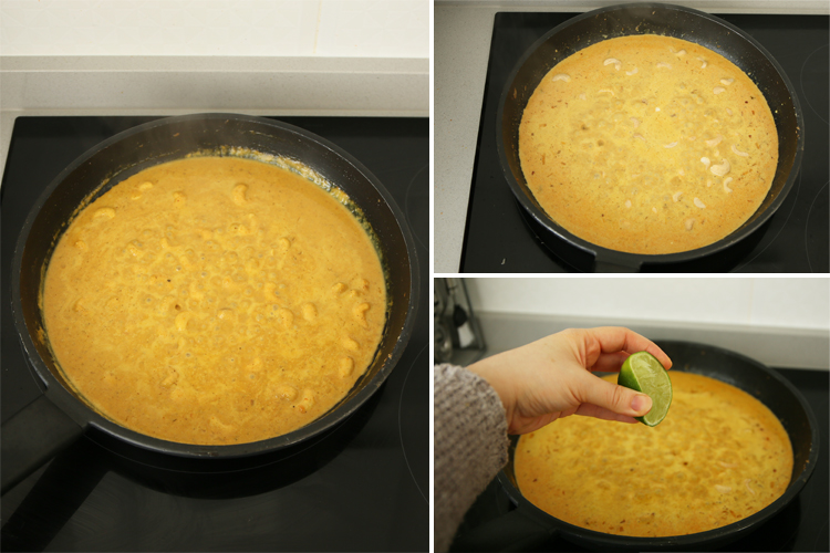 Salsa cocinándose con leche de coco, anacardos y zumo de lima.