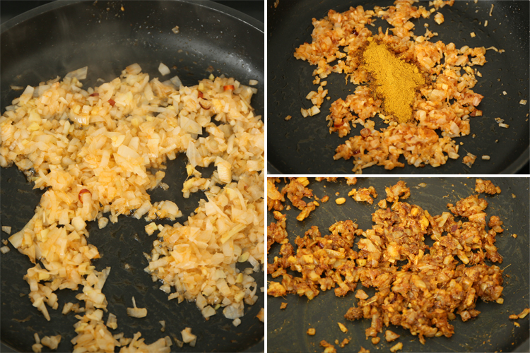 Cebolla sofrita con aceite de oliva y un poco de curry en polvo, guindilla y tomate frito.
