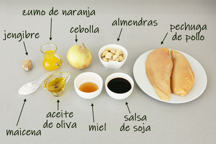 Ingredientes para hacer pollo agridulce con almendras