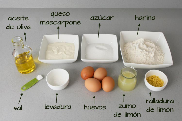 Ingredientes para hacer bizcocho de mascarpone y limón