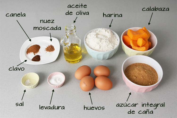 Ingredientes para hacer bizcocho de calabaza especiado