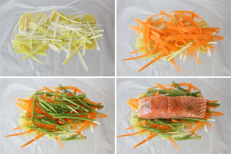 Verduras y salmón para hacer papillote