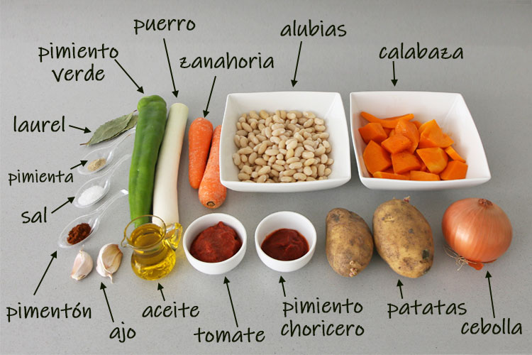 Ingredientes para hacer alubias con calazaba veganas