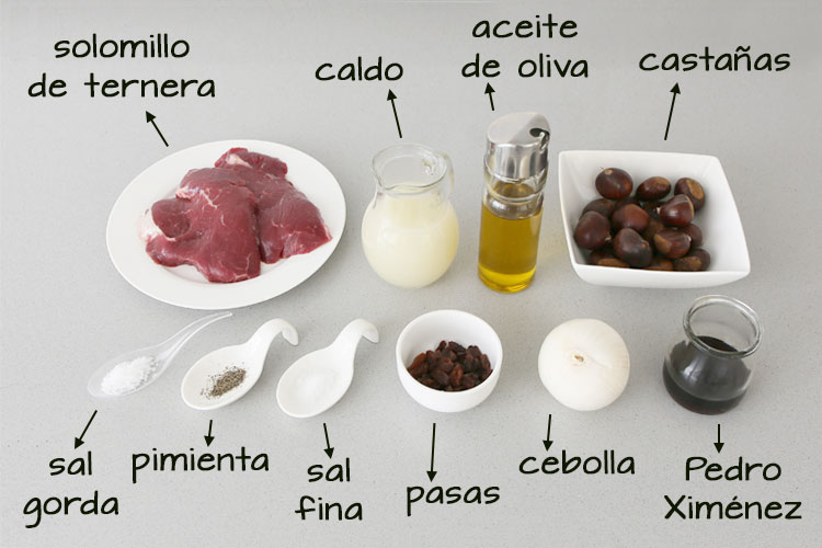 Ingredientes para hacer solomillo con salsa de castañas