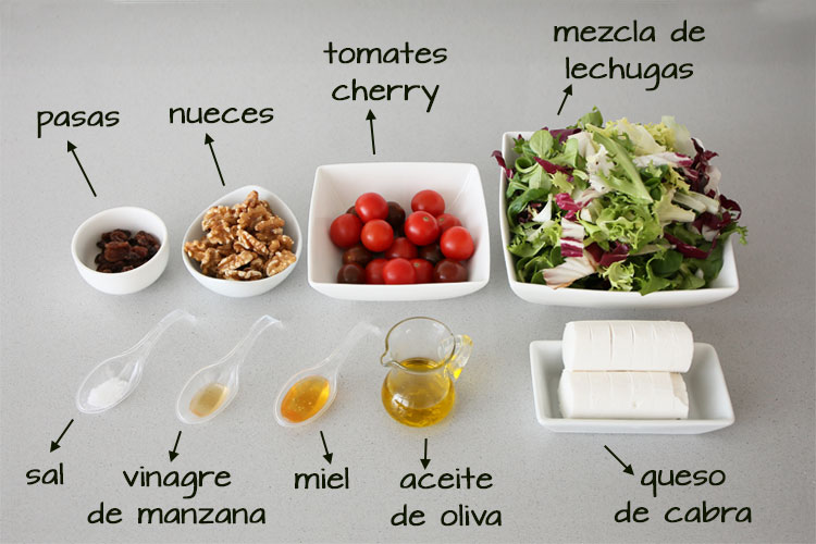 Ingredientes para hacer ensalada de queso, nueces y vinagreta de miel