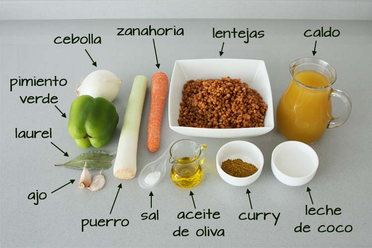 Ingredientes para hacer crema de lentejas al curry