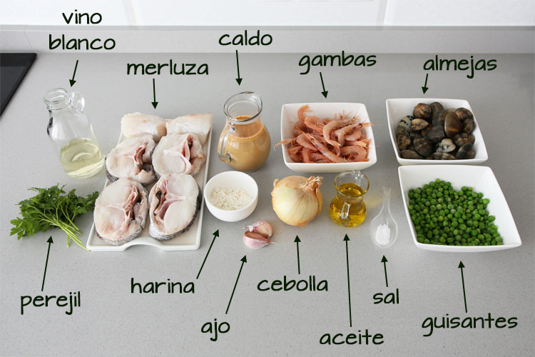 Ingredientes para hacer merluza en salsa verde