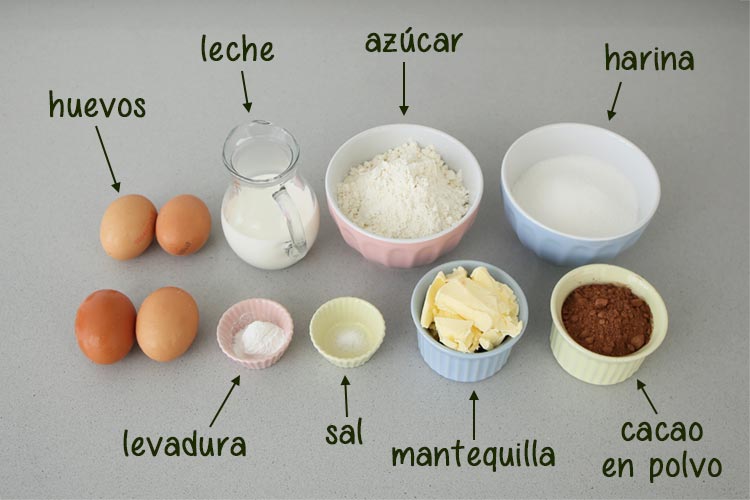 Ingredientes para hacer bizcocho de cacao