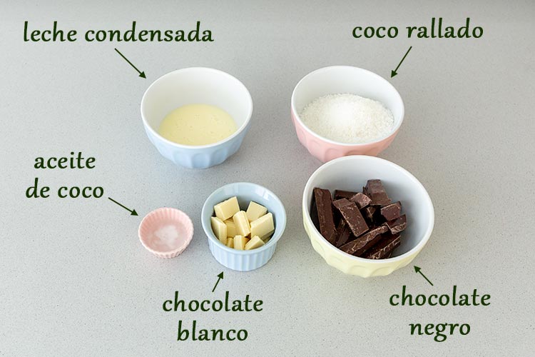 Ingredientes para hacer bolitas de coco y chocolate